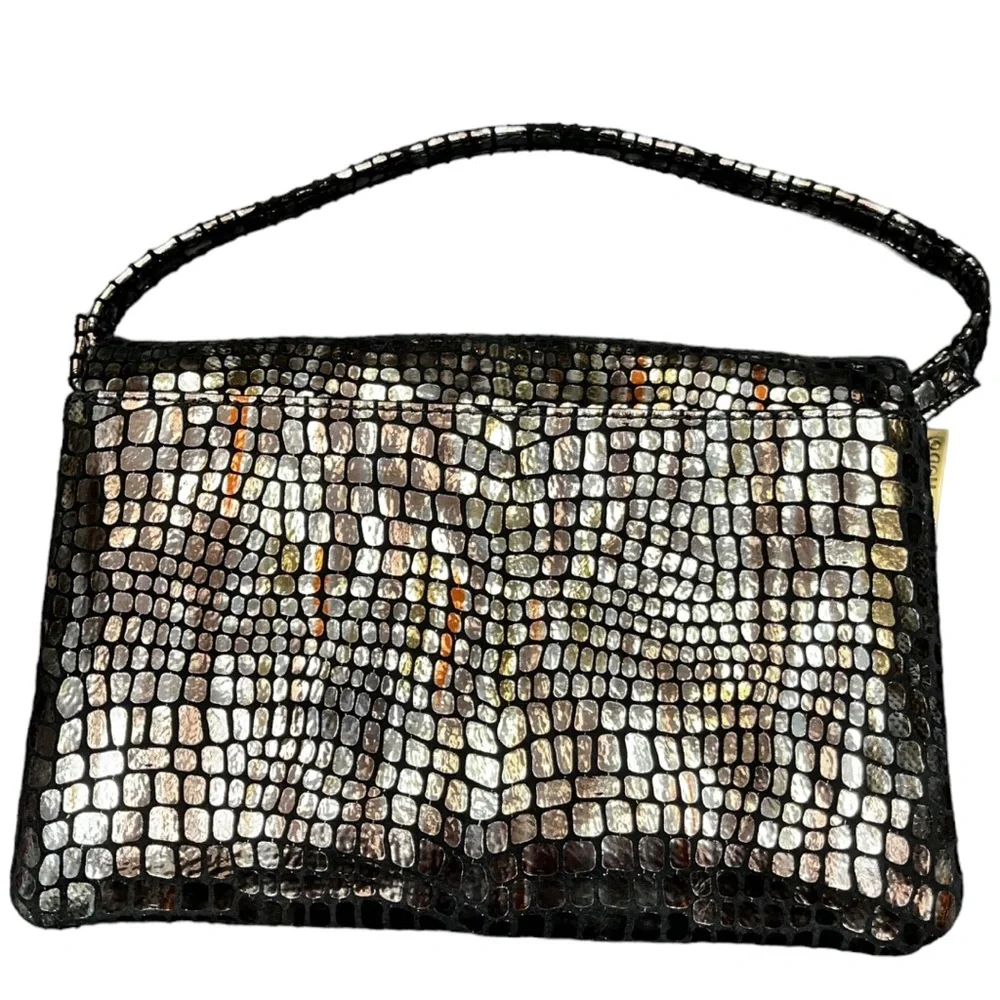 HOBO Iridescent Metallic Croc-Embossed Wristlet Clutch - Black & Gold Tones